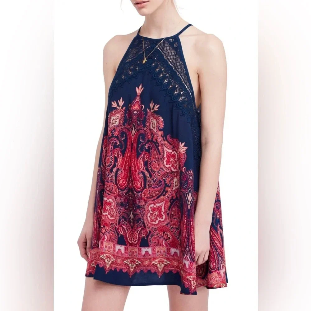 Free People Intimately 'Shea' boho printed trapeze‎ dress with crochet detail